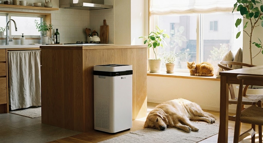 エアドッグのあるキッチンでペットがくつろいでいる