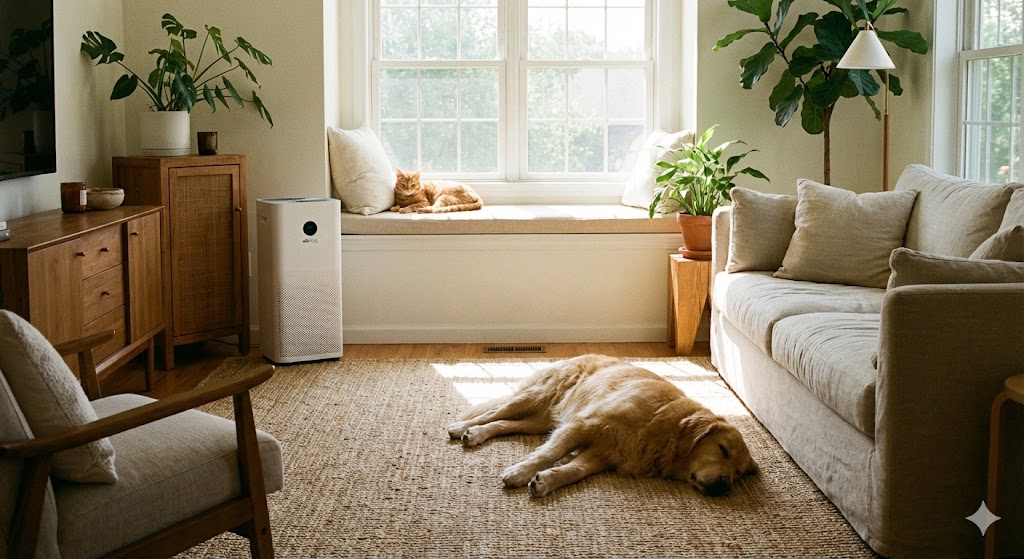 エアドッグのあるリビングでペットがくつろいでいる