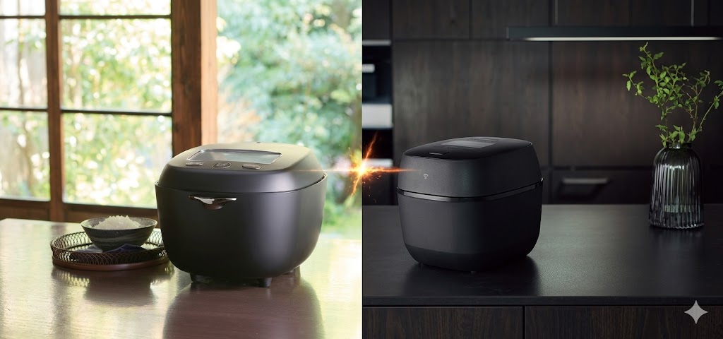 象印とタイガーの炊飯器を比較しているイメージ図