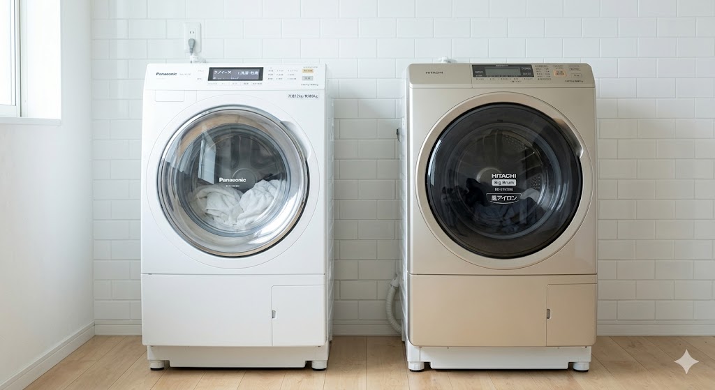 日立とパナソニックのドラム式洗濯機を比較しているイメージ図